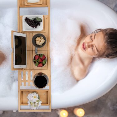 Підставка для ванни Relaxdays з бамбука, розсувна, з тримачем для книги, келиха, мила та аксесуарів, натуральний колір
