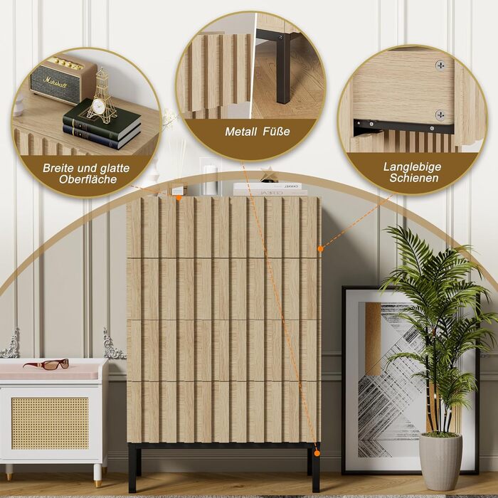 Комод UEV з 4 висувними ящиками, комплект 2 шт, 120x34,5x92 см, вузький дерев'яний комод для зберігання вітальня, спальня, передпокій (натуральний)