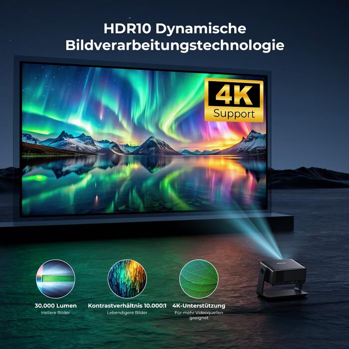Проектор Beamer 4K 1080P, 28000 Люмен, Wi-Fi 6, Bluetooth, Автофокус, 4D Keystone, Netflix, для Дому/На Відкритому Повітрі, Чорний