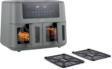 Linsar Dual Zone аерофритюрниця з двома камерами, 8 л, 2 кошики зі скляним вікном, сенсорне управління, 9 програм, Dual Cook, синхронізація, 2570-3040 Вт, чорна