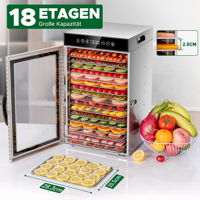 Сушарка для продуктів Kwasyo Edelstahl 750W з 18 рівнями, цифровим таймером, регулюванням температури та захистом від перегріву. Професійна дегідратор для фруктів, овочів, м'яса
