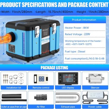 Автономний дизельний обігрівач VELPAX All in One 8кВт, 12V/24V/220V з LCD-дисплеєм, пультом та керуванням через APP для кемпера, автобудинку та причепа