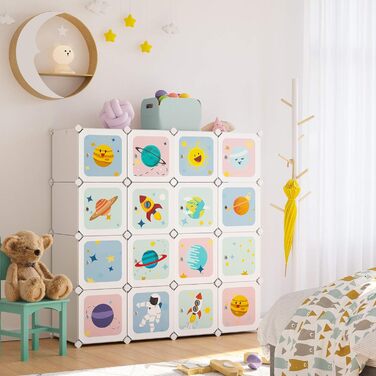 Модульна шафа для одягу SONGMICS, 16 кубів, 4 штанги, біла, 123x41x123 см, для дитячої кімнати, органайзер для зберігання