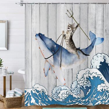 Душова завіса 180x200 см, кумедна кішка на киті з хвилями Канагави, Hnmdmyi, водонепроникна тканина, мийна, для ванної, дитяча, сільський стиль