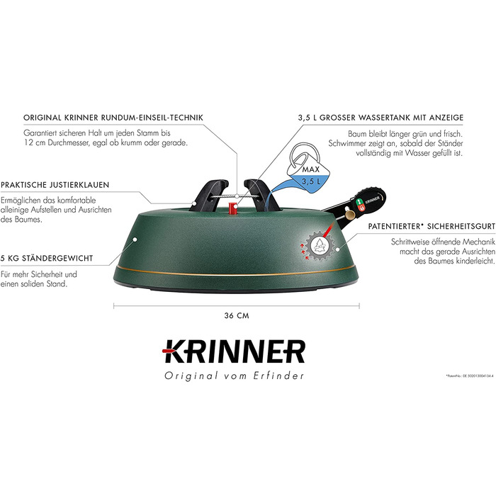Підставка для ялинки KRINNER Comfort M, зелена, 36 см, з педаллю та тросом, для ялин висотою до 2,5 м, Made in Germany