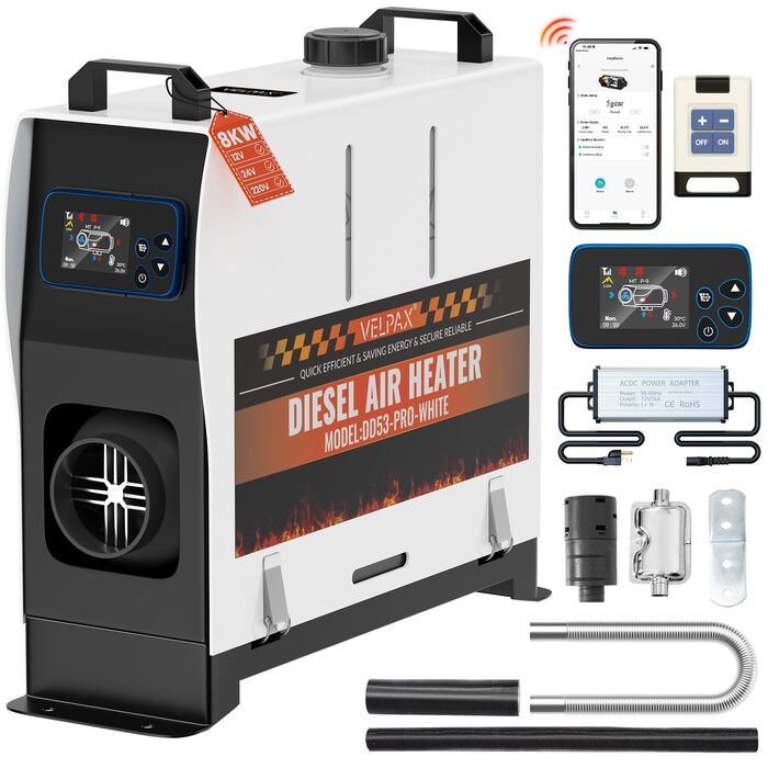 Автономний дизельний обігрівач VELPAX All in One 8кВт, 12/24/220В з Bluetooth, App та LCD-дисплеєм для авто, вантажівок, кемперів та човнів (білий)