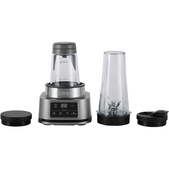 Блендер Ninja Foodi Power Nutri Mixer 2-в-1, 1100Вт, автоматичні програми, для смузі, густих сумішей і заморожених напоїв, 700 мл стакан, 400 мл чаша з потужним мішалкою, сріблястий, модель CB100EU
