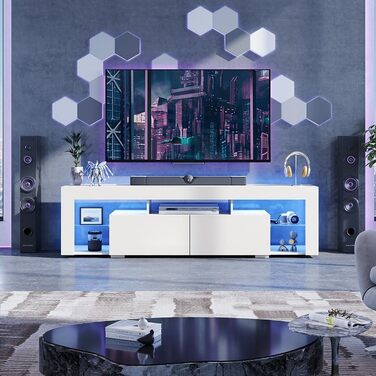 Тумба під телевізор WLIVE з LED підсвіткою, біла, 160x35x45 см, для телевізорів до 70 дюймів, з відкритими полицями та 2 шухлядами для вітальні