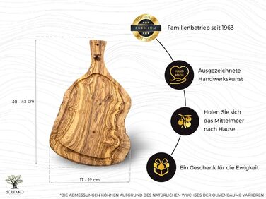 Дошка для нарізання SOLTAKO з оливкового дерева з ручкою, 40-43 см, для барбекю, рустикальна, без жолобка для соку