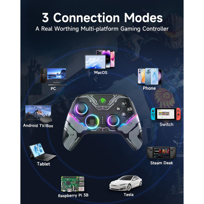 Бездротовий ігровий контролер EasySMX X15 для PC, Switch, Android, iOS з Hall-ефект джойстиками та тригерами, RGB підсвічуванням, чорний
