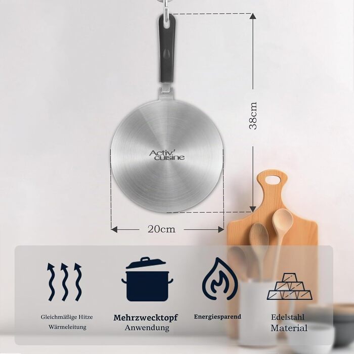 Адаптер для індукційної плити ACTIV CUISINE для кавоварок Мока, сталевий диск-перехідник зі знімною ручкою, 20 см