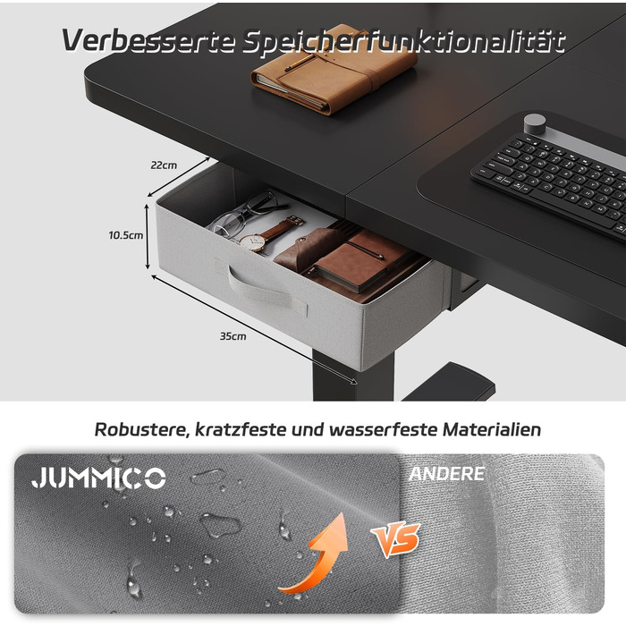 Електричний підйомний стіл JUMMICO для роботи стоячи та сидячи, 140 x 80 см, з шухлядою та гачком, сталева рама, чорний