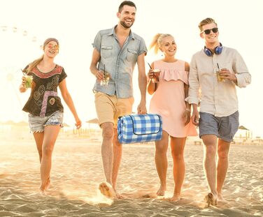 Пікнікова ковдра Relaxdays XXL 200x300 см, водонепроникна, утеплена, флісова, синьо-біла, з ручкою для перенесення