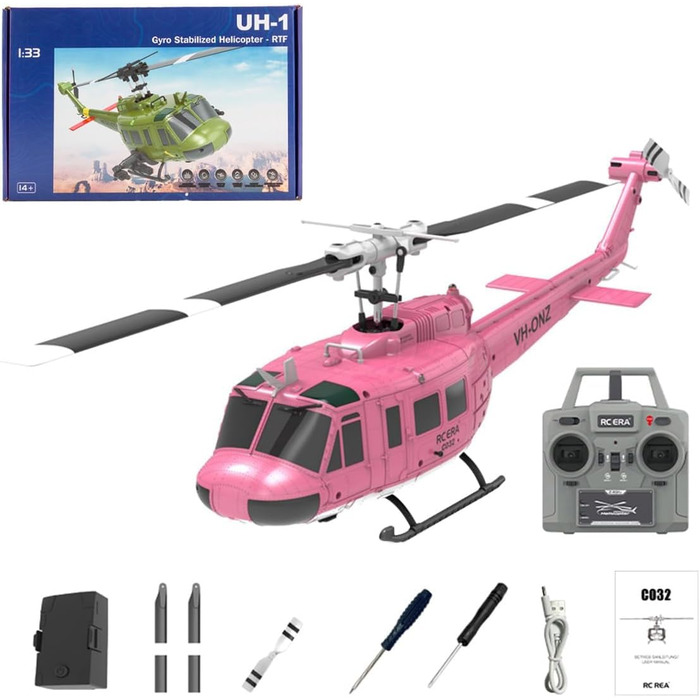 RC Гелікоптер ERA C032 UH-1 Huey, 1/48, 2.4G 6CH, Стабілізатор, Утримання висоти, Рожевий