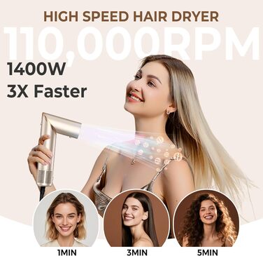 UKLISS Hairstyler Airstyler 8-в-1: Фен-щітка, випрямляч, плойка, насадки для об'єму та іонізація - Швидке сушіння для всіх типів волосся, колір шампань