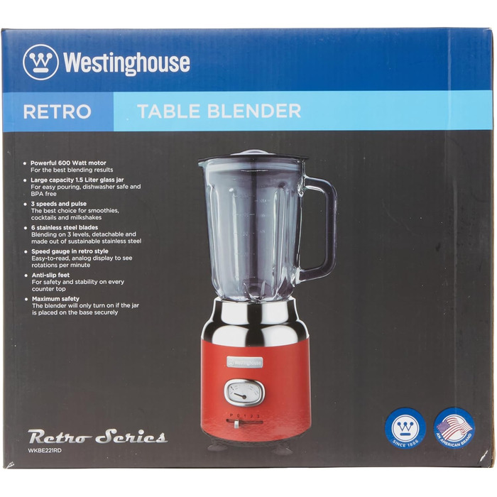 Кухонний блендер Westinghouse Retro, 1.5 л, скляна чаша, 600 Вт, 3 швидкості, імпульсний режим, 6-лезове ножі, нержавіюча сталь, BPA free, червоний