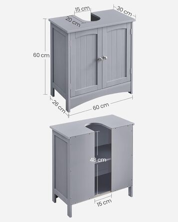 Підставка під раковину VASAGLE, шафка для ванної кімнати, 30 x 60 x 60 см, 2 дверцята, білий колір, регульована полиця, BBC01WT