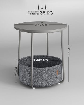 VASAGLE круглий приставний стіл з кошиком із тканини, невеликий журнальний стіл для вітальні чи спальні, сучасний тумбочка, колір голубино-сірий + графіт LET223G36