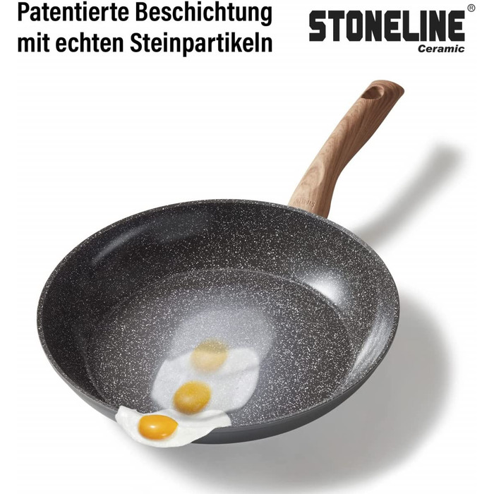 STONELINE Набір керамічного посуду для індукції, 14 предметів, каструлі та сковорідки з антипригарним керамічним покриттям і натуральними кам'яними частками, з кришками, дерев'яний дизайн