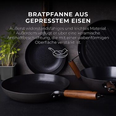 Wok MasterPRO Odín 24 см та гриль-пластина 28 см із пресованого заліза з ергономічною ручкою з акації для всіх типів плит