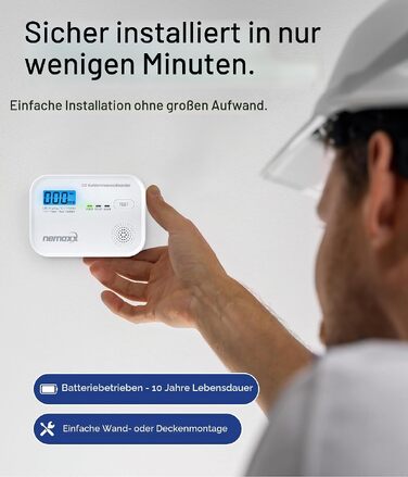Детектор чадного газу NEMAXX® CM18 з LCD-дисплеєм, електрохімічний сенсор, 85 дБ, стандарт EN 50291-1:2018, термін служби 10 років (набір 2 шт.)