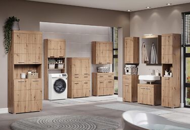 Висока шафа для ванної кімнати trendteam Amanda, 37x190x31 см, колір дуб Асте, Badschrank, сучасний дизайн