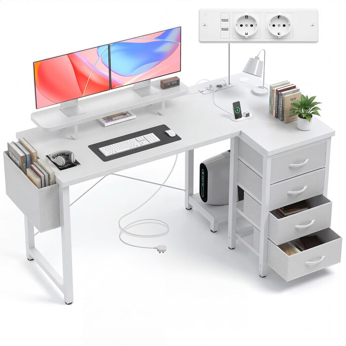 Кутовий офісний стіл Claiks L-подібної форми з 4 ящиками, USB-зарядкою та розеткою, 140x80 см, білий