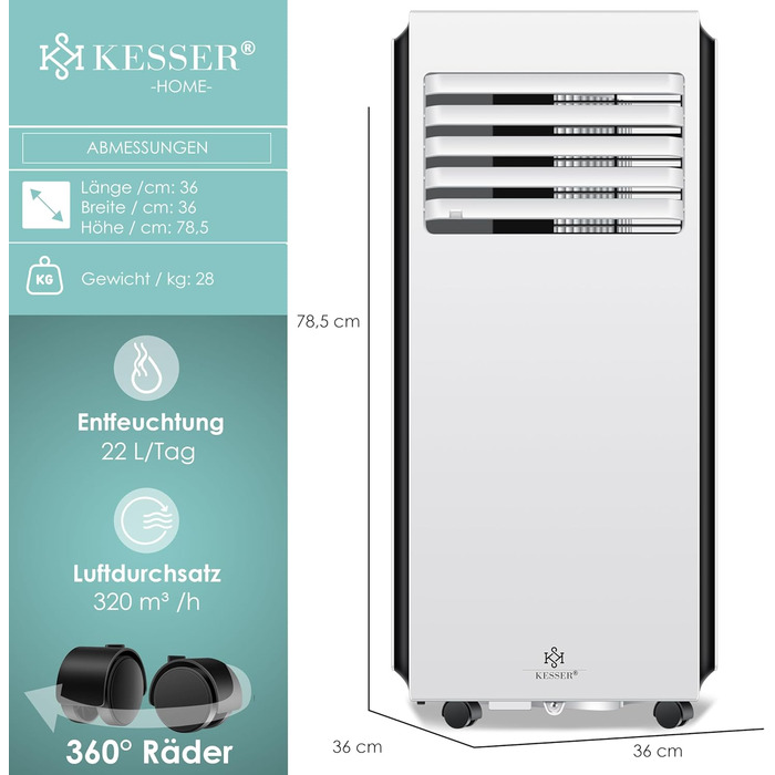 Мобільний кондиціонер KESSER 4-в-1: охолодження, осушення, вентиляція, 9000 BTU/год, пульт, таймер, нічний режим, білий