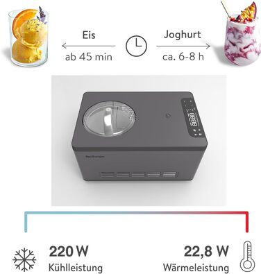 Морозивниця та йогуртниця SPRINGLANE Elisa 2,0 л з компресором, 220 Вт, нержавіюча сталь, з функцією охолодження і нагріву, рецептник, антрацит