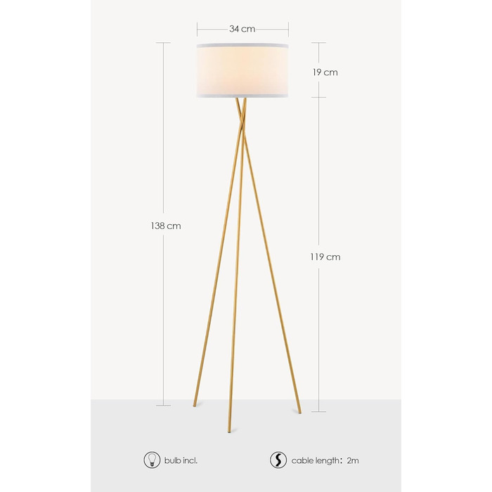 Сучасна торшерна лампа Home Sweet Home, золота, метал, LED E27 9Вт 2700K, тринога, білий абажур, для вітальні та спальні