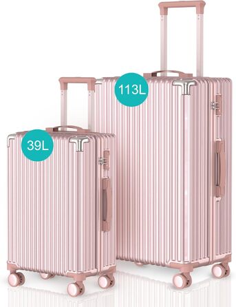 Набір валіз Voyagoux 2 шт. — 39л і 113л, жорсткий ABS корпус, TSA-замок, 4 колеса 360°, легкий та міцний, рожеве золото