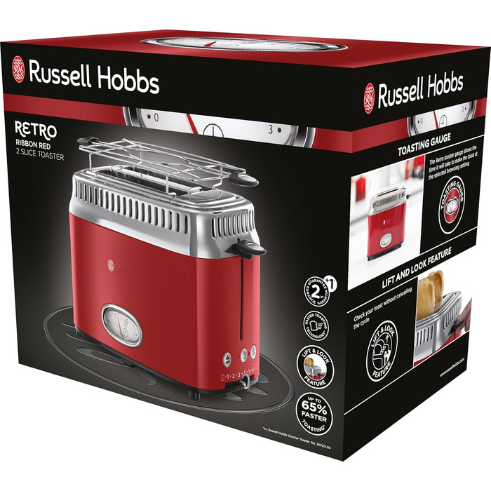 Тостер Russell Hobbs Retro 21680-56, нержавіюча сталь, червоний, 2 тости, 6 режимів, розморожування, підігрів
