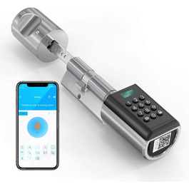Електронний дверний замок RUILON з Bluetooth, паролем та додатком, регульований циліндр 50-100 мм, сріблястий, для вхідних дверей, модель PBL20EBL41