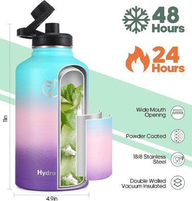 Термофлакон HydroPal 1.2л з нержавіючої сталі, вакуумна ізоляційна пляшка для води та напоїв, BPA-free, 24г холоду/12г тепла, герметична, з трубочкою та 2 кришками, протиковзаюча, для спорту, кемпінгу та подорожей