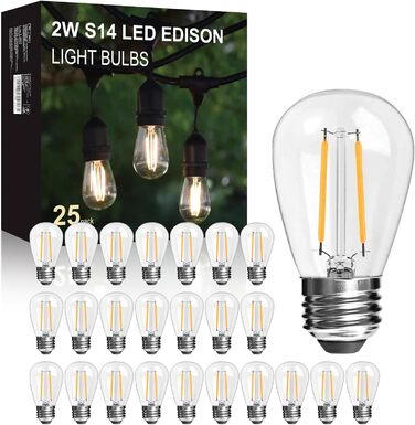 25 LED-ламп E27 2W, скляні, тепле світло 2700K, для ліхтарів та гірлянд, не димуються, 25 шт.