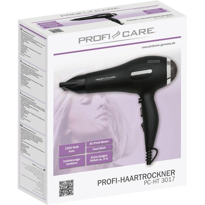 Фен ProfiCare PC-HT 3017, 2200 Вт, з функцією холодного повітря, захистом від перегріву, професійний мотор, чорний, довжина кабелю 2 м, Soft-Touch корпус