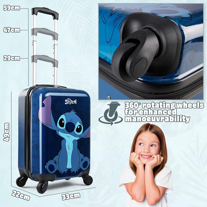 Дитяча валіза Disney із жорстким корпусом, 4 колеса, темно-синя Stitch, 28л, маленька дорожня валіза на колесах