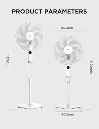 Вентилятор підлоговий Midea FS40-23MR з пультом, 3 швидкості, телескопічна висота, 90° поворот, 7 лопатей, LED-дисплей, білий