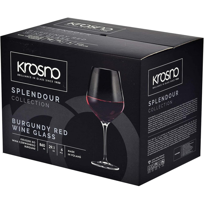 Набір келихів для червоного вина Krosno Splendour, 860 мл, 6 шт, великі, для бургундського, скляні, для дому, ресторану, вечірки, можна мити в посудомийці
