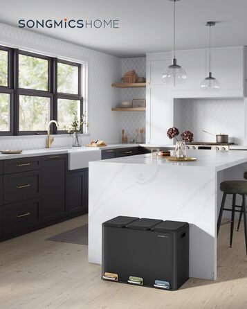 Сортувальний смітник SONGMICS HOME для кухні, 3×15 л, з кришками, кольоровими педалями та внутрішніми контейнерами, чорний сталь