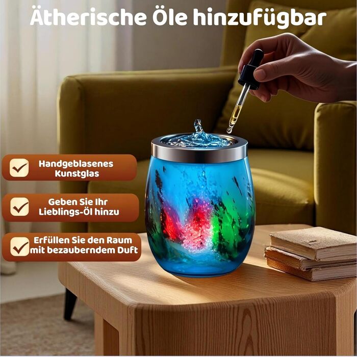 Декоративний фонтан VOREEN Zimmerbrunnen з підсвіткою LED, виготовлений з видувного скла, для вітальні, спальні та офісу, 15 см (Синій, S)