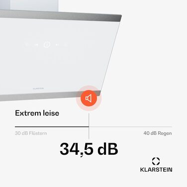 Витяжка кухонна Klarstein FlashLine 60 см, біла — сенсорне керування, продуктивність 524 м³/год, клас енергоефективності A++, LED-підсвітка, режим відведення та рециркуляції повітря