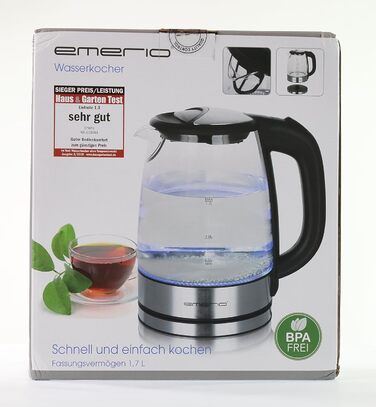 Електричний скляний чайник Emerio 1,7 л, 2200 Вт, LED-підсвітка, боросилікатне скло, BPA Free