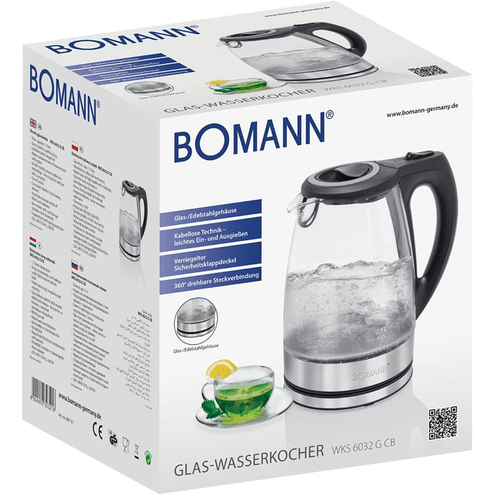Електрочайник скляний Bomann WKS 6032 G CB, 1,7 л, скло-нерж. сталь, бездротовий, із захистом, обертовий на 360°