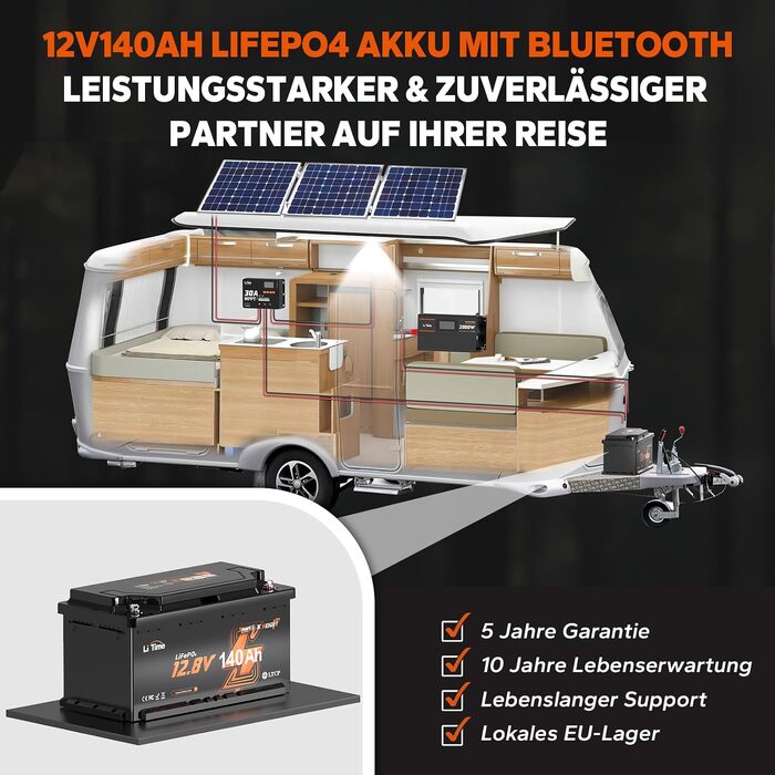 LiFePO4 акумулятор LiTime 12V 140Ah H190 з Bluetooth для кемпера та автобудинку, літієва батарея