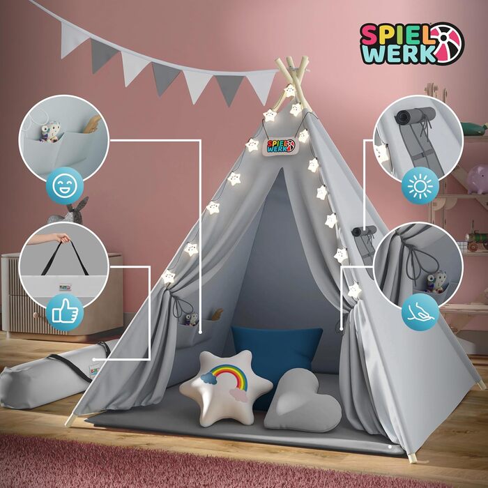 Дитяче намет-типі Spielwerk® з килимком, гірляндою та подушками (130x130 см), бавовна, дерево, сірий, блакитний