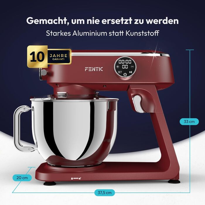 Планетарний міксер Küchenmaschine 1800W з чашею з нержавіючої сталі 7л, тістоміс для хліба та піци, 10 швидкостей з таймером, набір насадок та захисним екраном (Червоний)