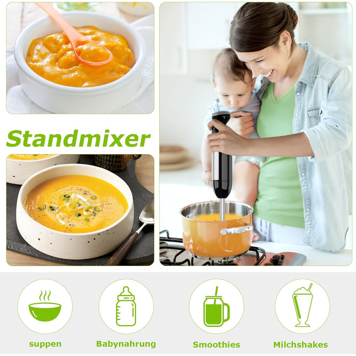 Блендер занурювальний Bonsenkitchen HB3203 4-в-1, 1000 Вт, нержавіюча сталь, з насадкою-мініподрібнювачем 500 мл та мірним стаканом 700 мл для дитячого харчування, чорний