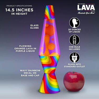 Лавова лампа LAVA Lampe (36.8 см) з ефектом руху кольорів, помаранчева та фіолетова рідина, друкована основа, модель #2090 Rainbow