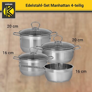 Набір каструль Krüger Manhattan з нержавіючої сталі, 4 предмети: 3 каструлі та сотейник зі скляною кришкою, термодно, зливний край